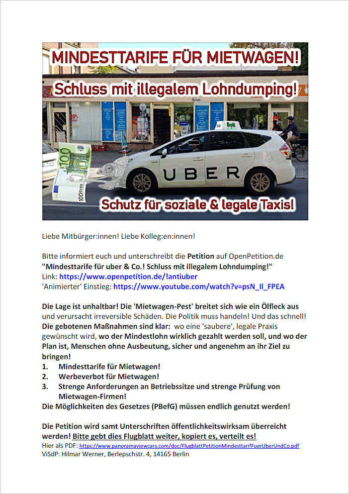 Flugblatt für Petition Mindesttarif für Uber und Co